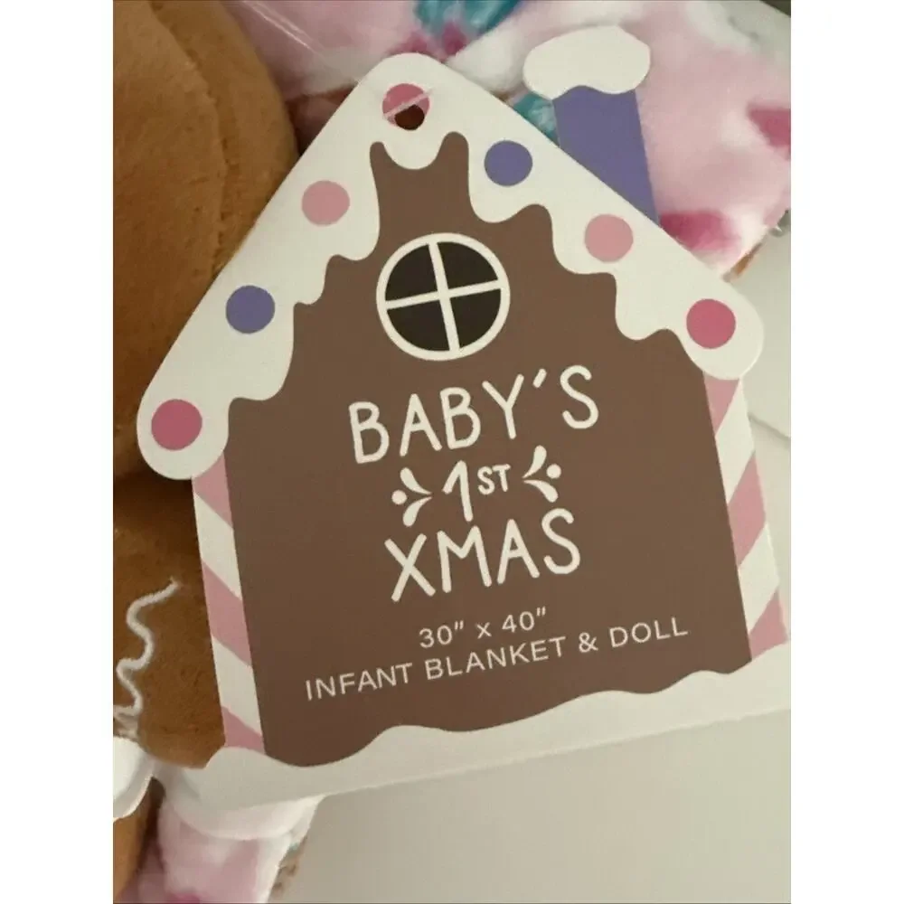 Gingerbread Baby Blanket & Plush Toy Doll Pillow 2Pc Gift Set My First Christmas